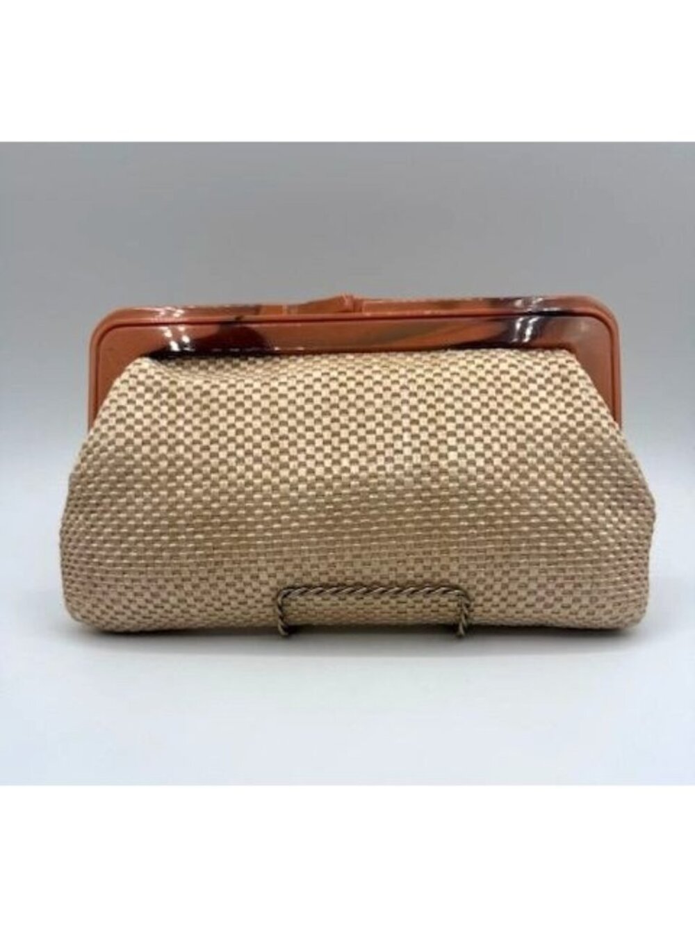 Vintage Raffia Straw Plastic Kiss Lock Closure Clutch Made in Hong Kong